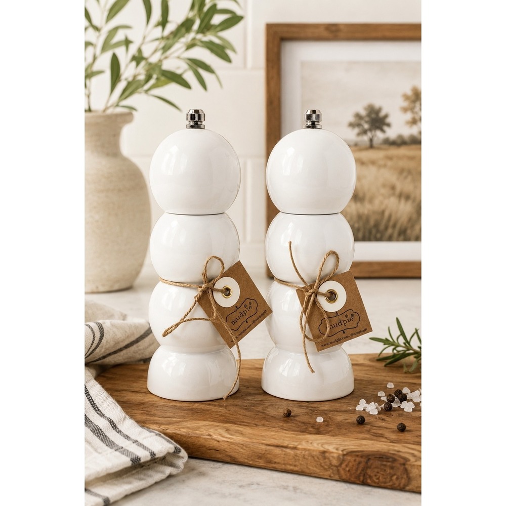 Mud Pie Bauble Salt & Pepper Grinder Set White Lacquered Wood 6.25" Modern NWT